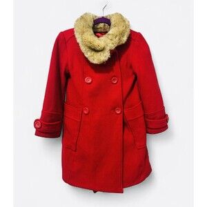 Tommy Hilfiger Wool Pea Coat Red Dressy Fur Collar Lined Jacket girl's XS 4/5